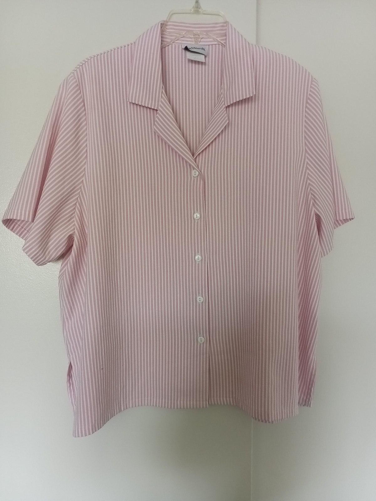 BonWorth Womens Petite L Pink White Striped Woven Collared Short Sleeve Blouse