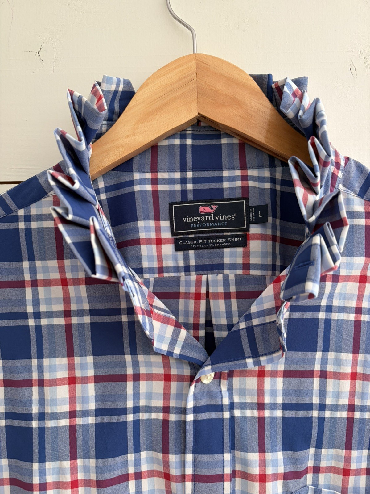 Viral Reworked Upcycled VINEYARD VINES Red Plaid Shirt Ruffle Collar, Large