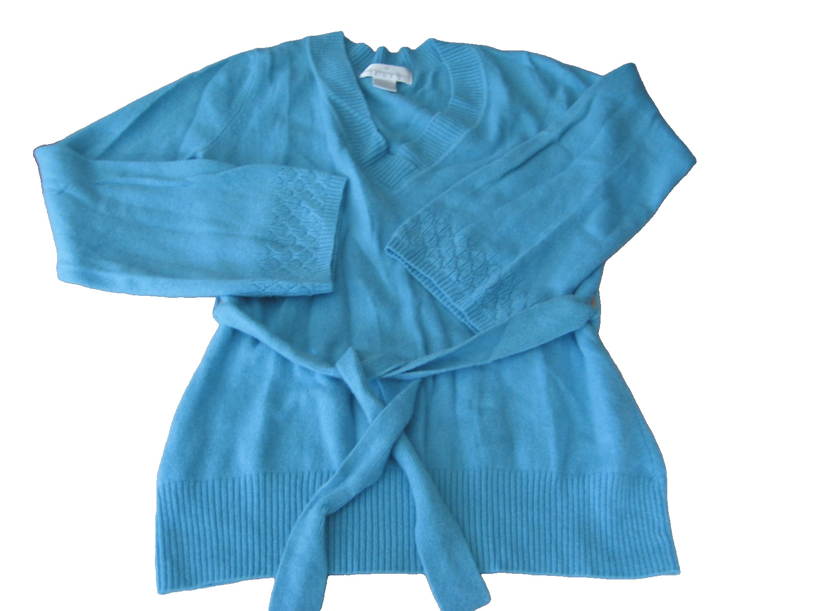 SOFT SURROUONDINGS 100% CASHMERE TURQUOISE LONG SLEEVE TIE AT THE WAIST SWEATER