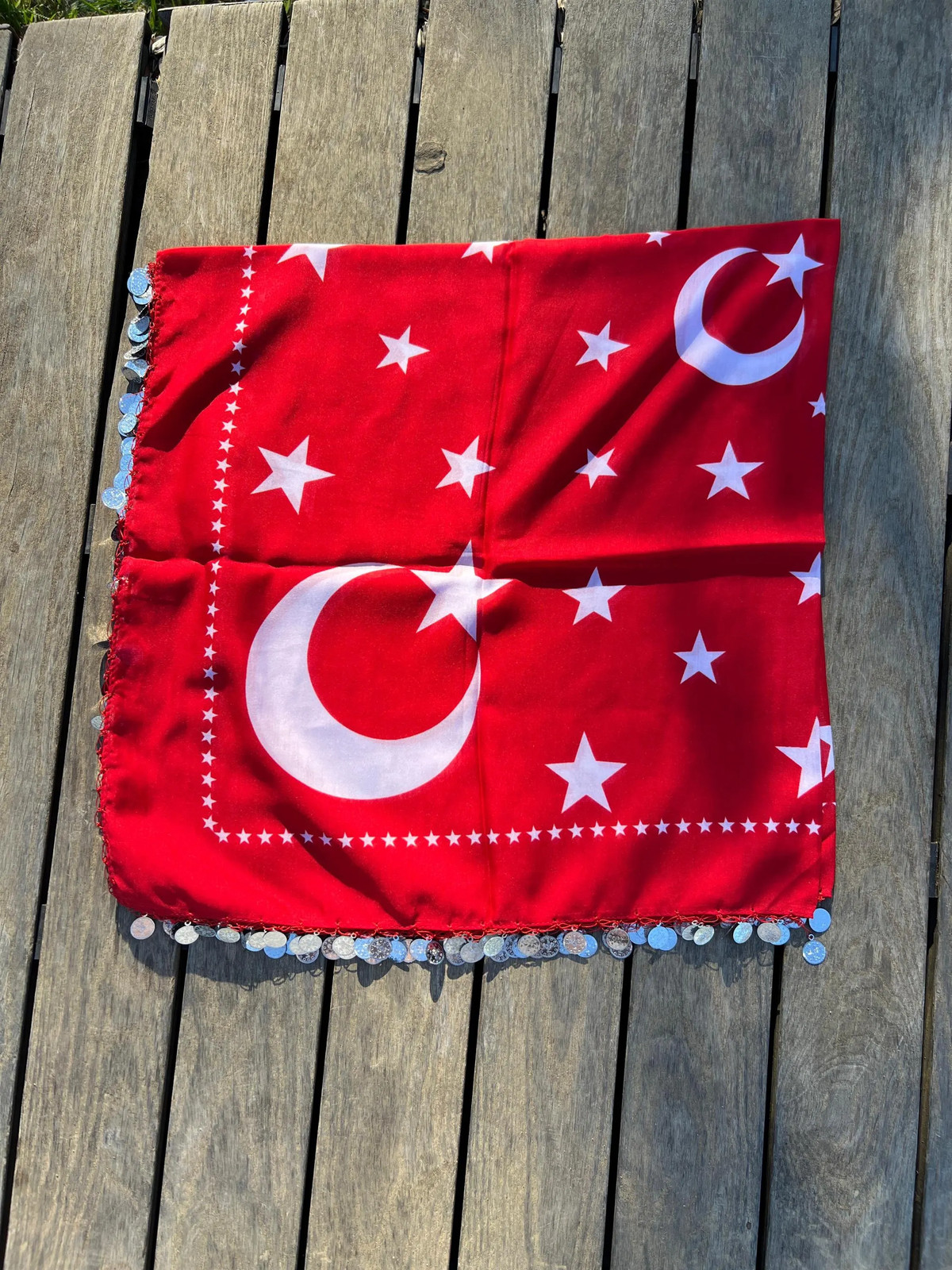 Handmade Red Turkish Flag Beaded Headscarf Yazma 100×100 cm Unique Boho Vintage