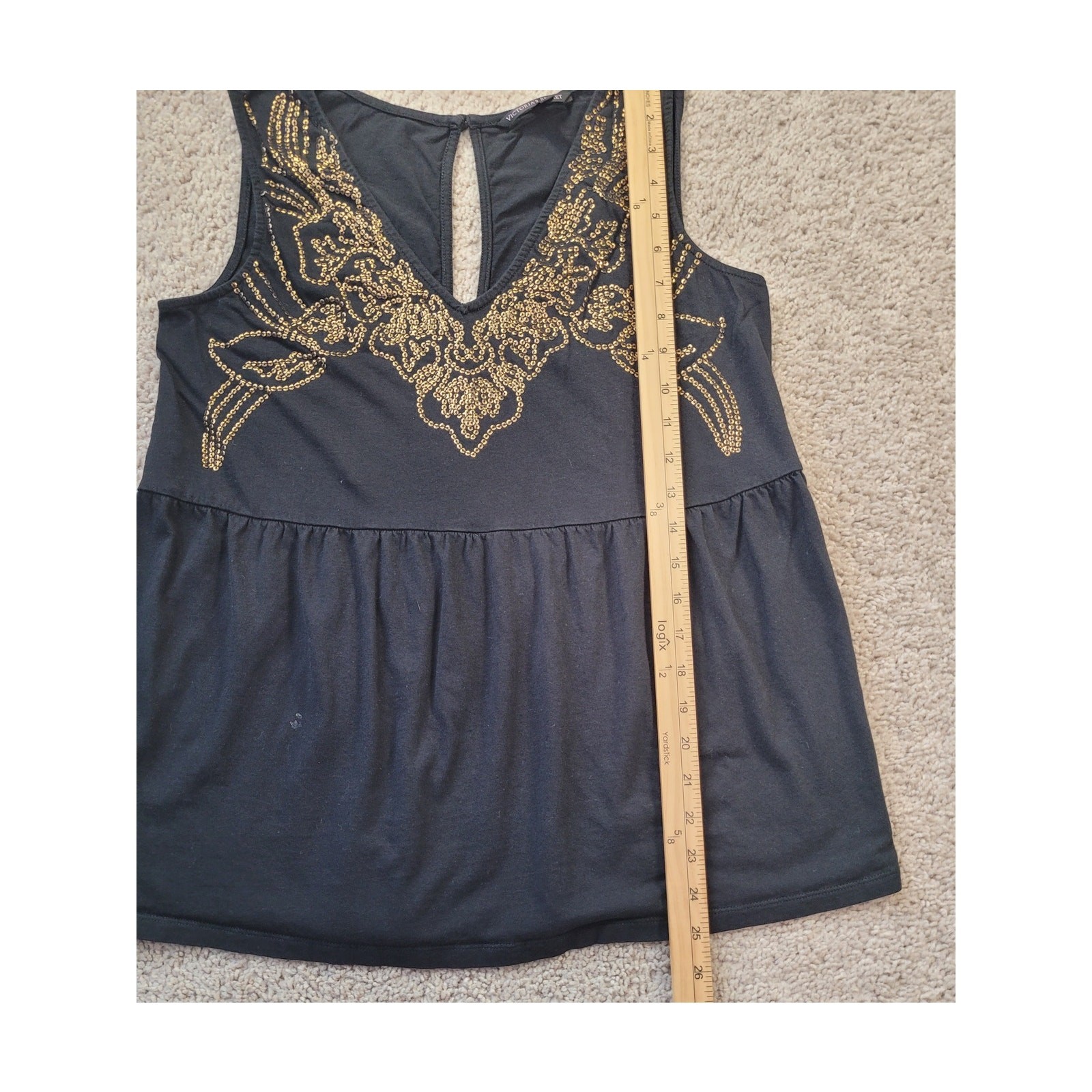 Victoria’s Secret Y2K Black Gold Embellished Blouse Deep V Babydoll Rocker M