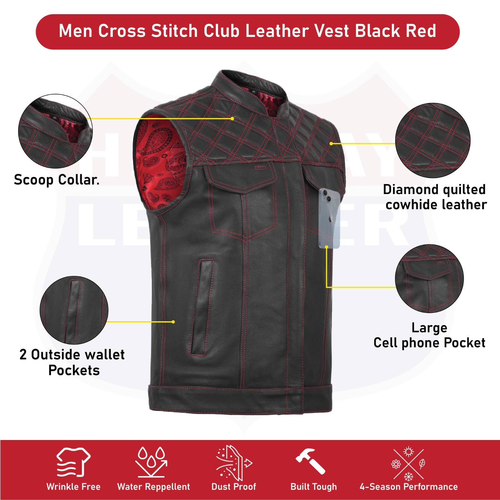 RED black men cross stich vest , HL11693SPTRED black men ,USA stock leather vest