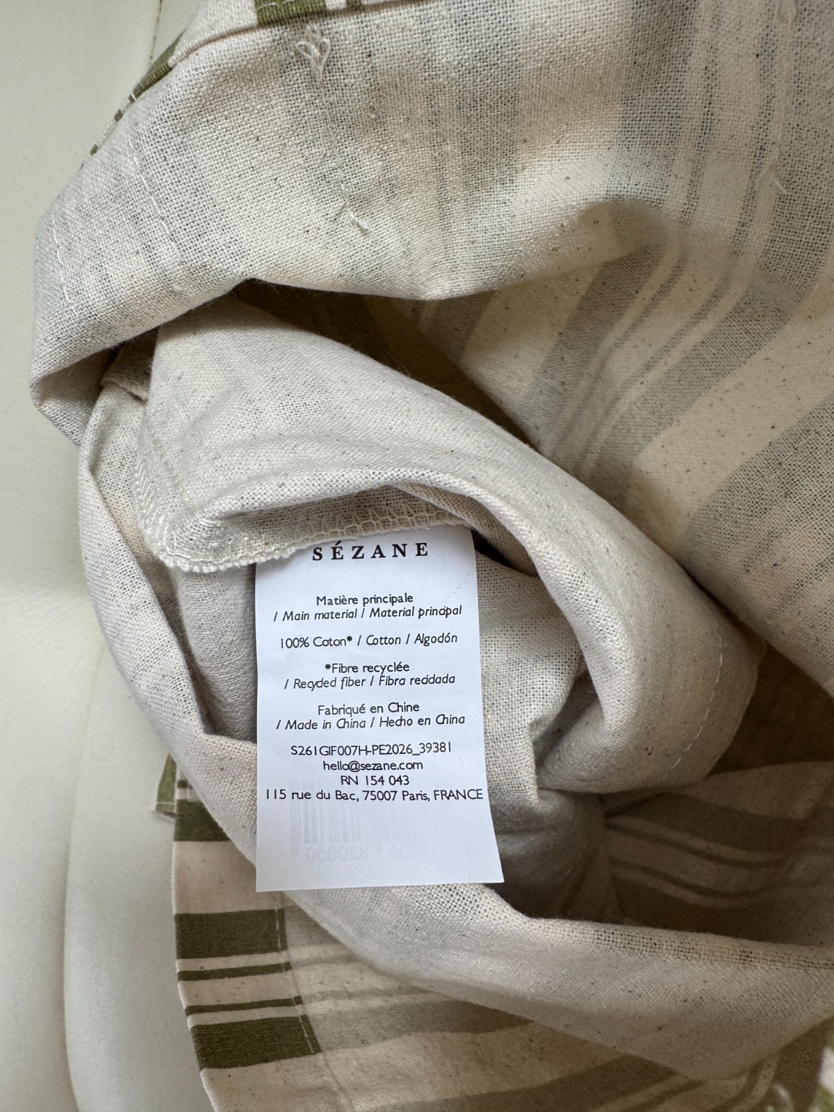 Sézane limited edition striped ecru olive khaki green cotton canvas tote NWOT