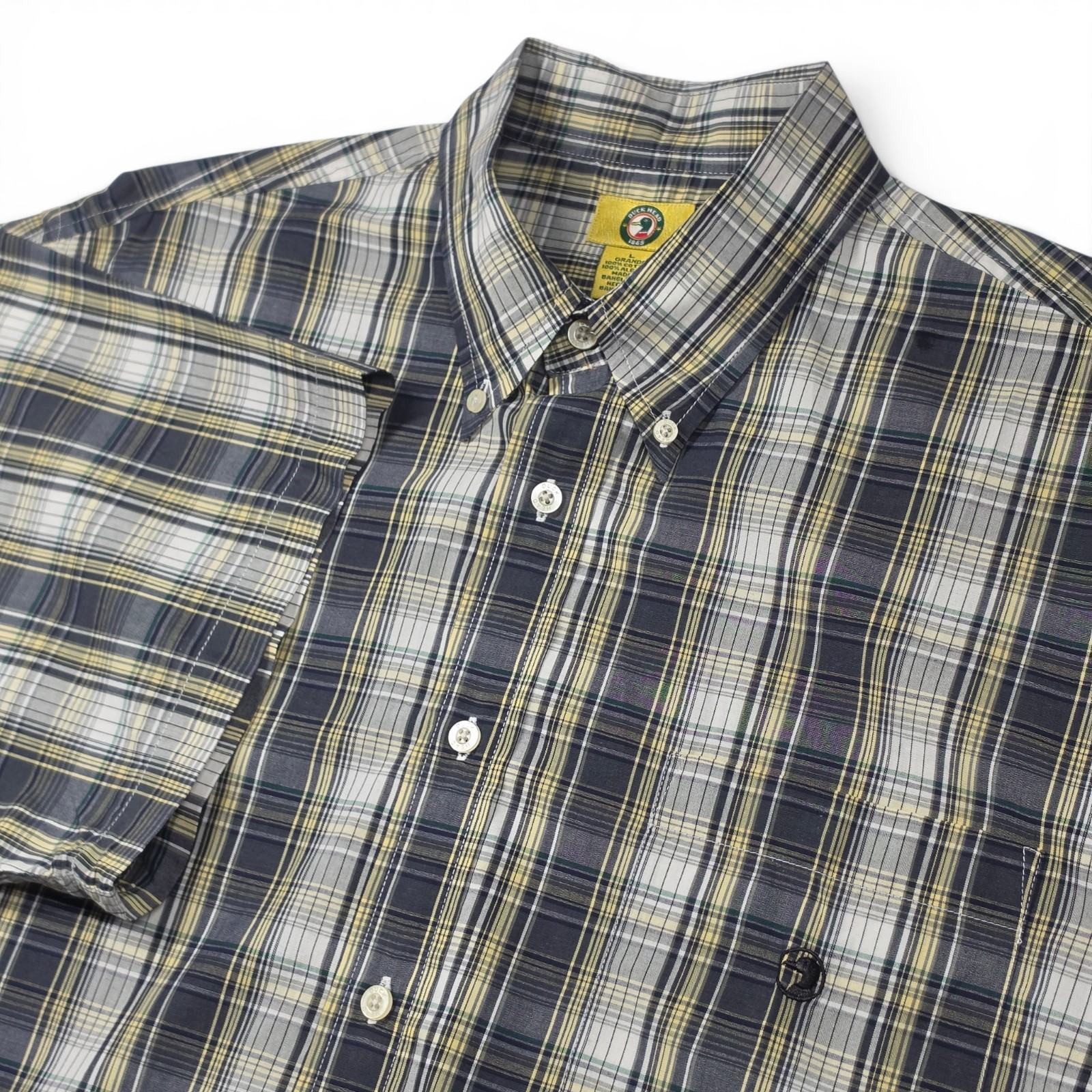 Duck Head 1865 Mens Large Plaid Button Down Shirt Short Sleeve 100% Cotton Gray