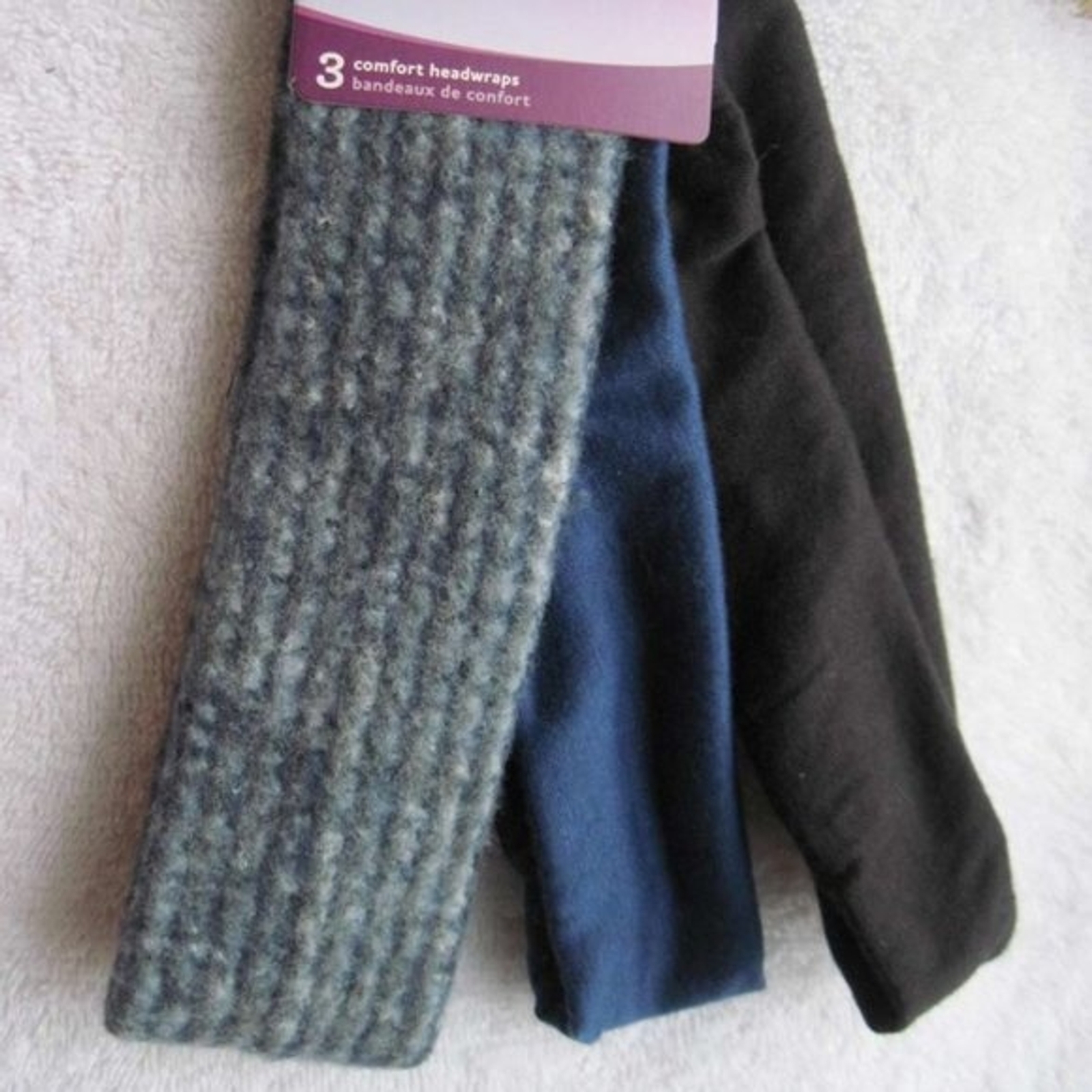 3 Goody Comfort Headwraps 2 Inch Wide Soft Fabric Head Bands Blue Black Fuzzy