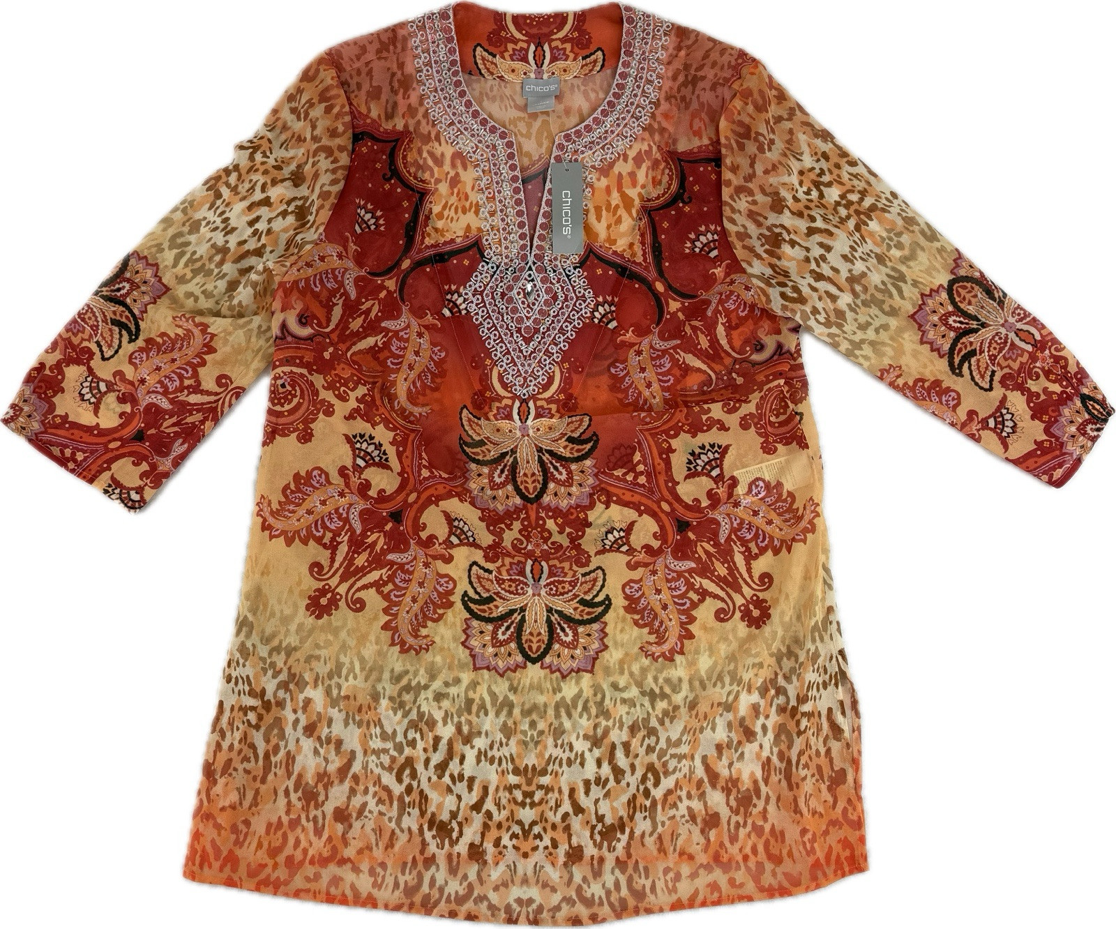 Chico’s Embellished Neckline Tunic Top Womens Sz M Tribal Beaded Sheer Boho NWT