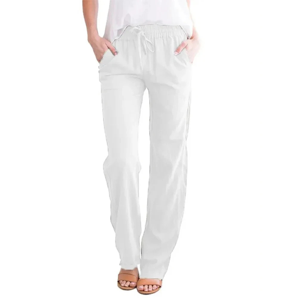 Women Cotton Linen Drawstring Pants Elastic Waist Loose Straight Leg Trousers