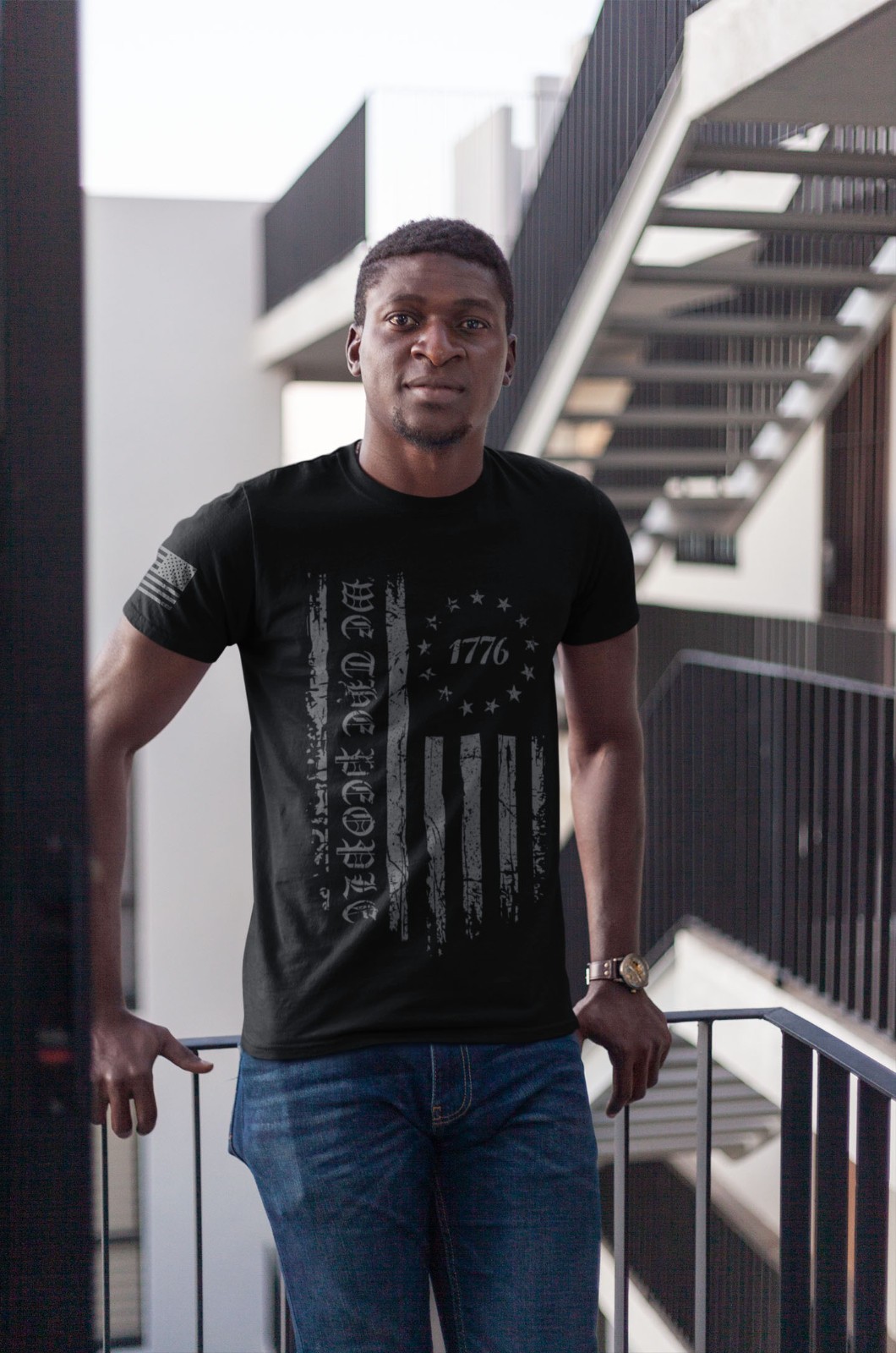 We The People 1776 T-Shirt – Black Distressed American Flag Tee Patriotic USA