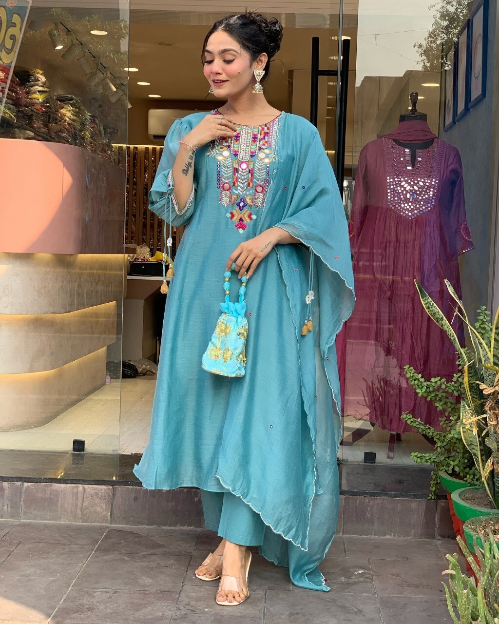 Indian Women Chanderi Silk Anarkali Kurta Pant Dupatta Set Kurti Salwar Kameez