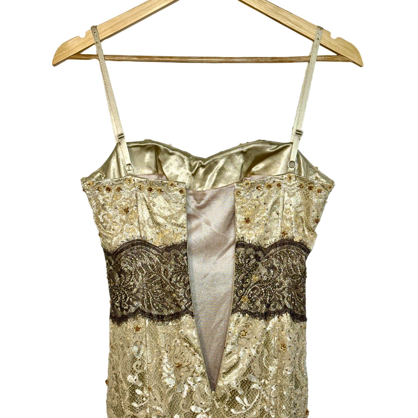 NWT Mandalay Champagne Gold Lace Beaded Sequin Long Mermaid Evening Gown Size 8