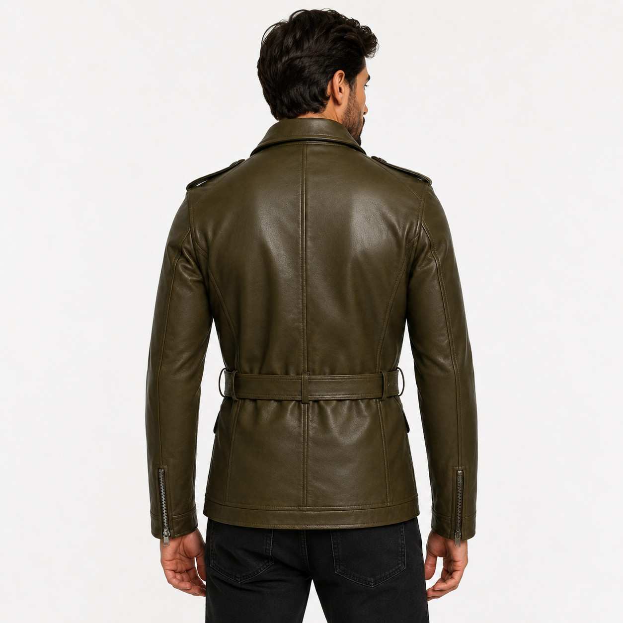 Men’s Olive Leather – Field Jacket Belted Military Style – Utility Coat – Zip Up