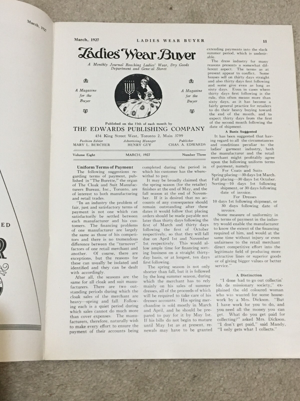 Vtg 1927 Ladies Wear Buyer Magazine for Woman, Dept & General Stores, Canada