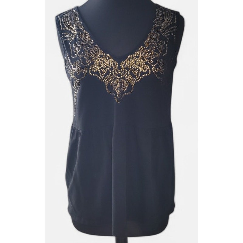 Victoria’s Secret Y2K Black Gold Embellished Blouse Deep V Babydoll Rocker M