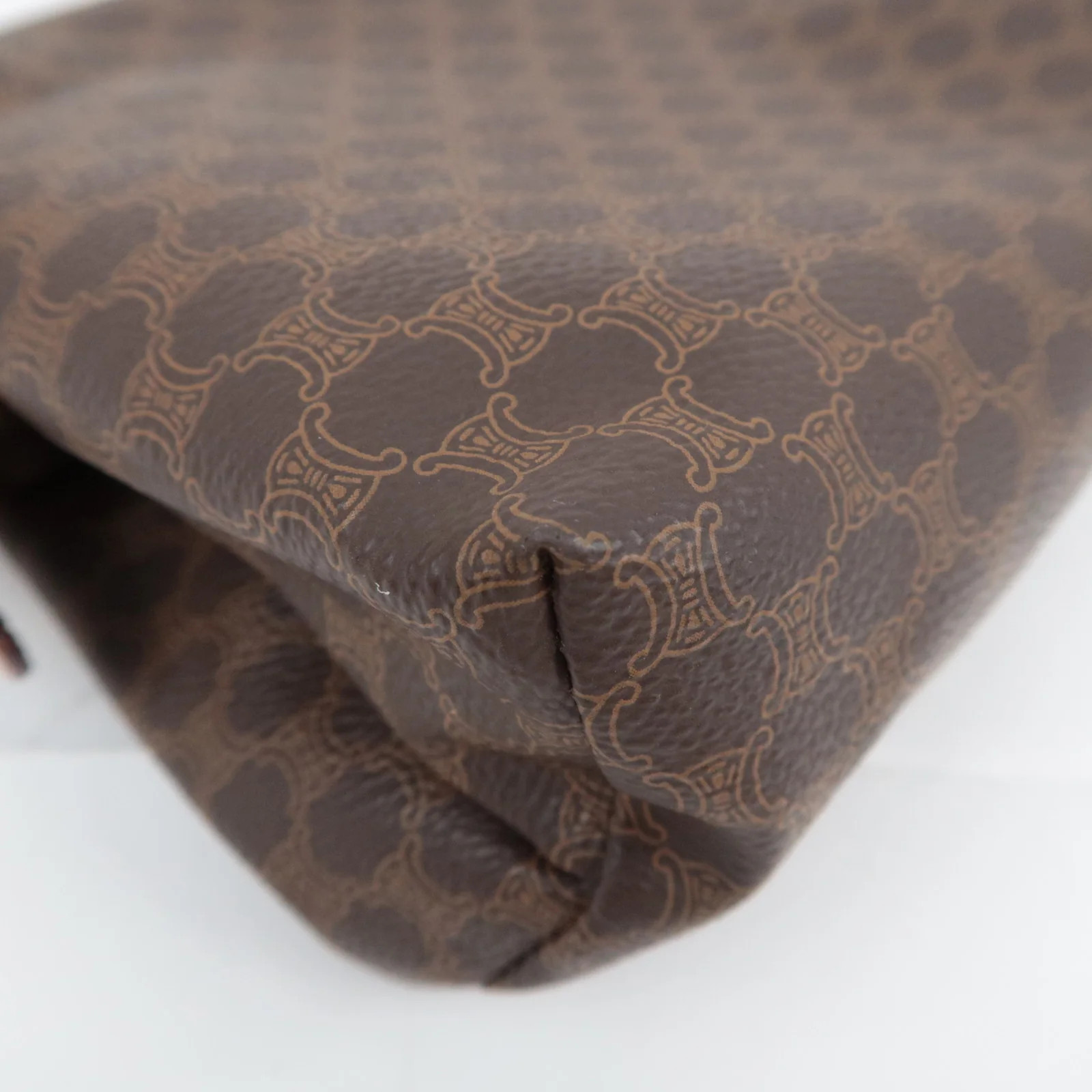 CELINE Macadam PVC Leather Cosmetic Pouch Brown Gold HDW Authentic
