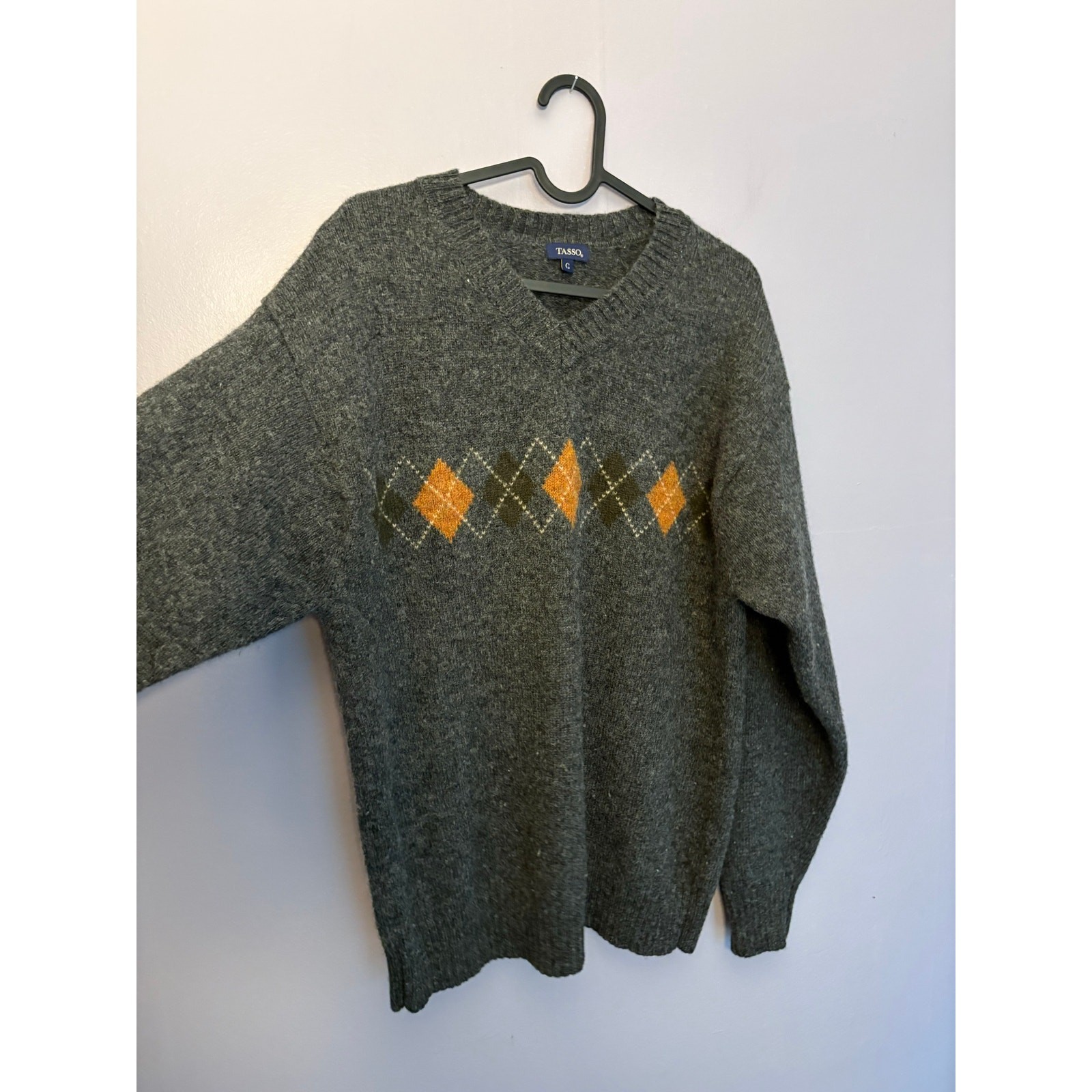 Vintage Tasso 100% Wool Argyle Sweater European Large Charcoal Grey Orange