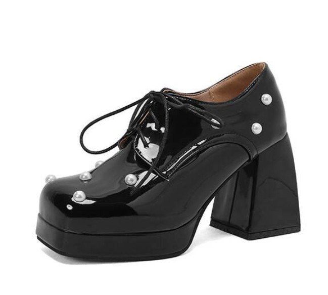 Women Square Toe Beaded Lace Up Pumps Candy Color Mary Jane Shoe Block Heel Pump