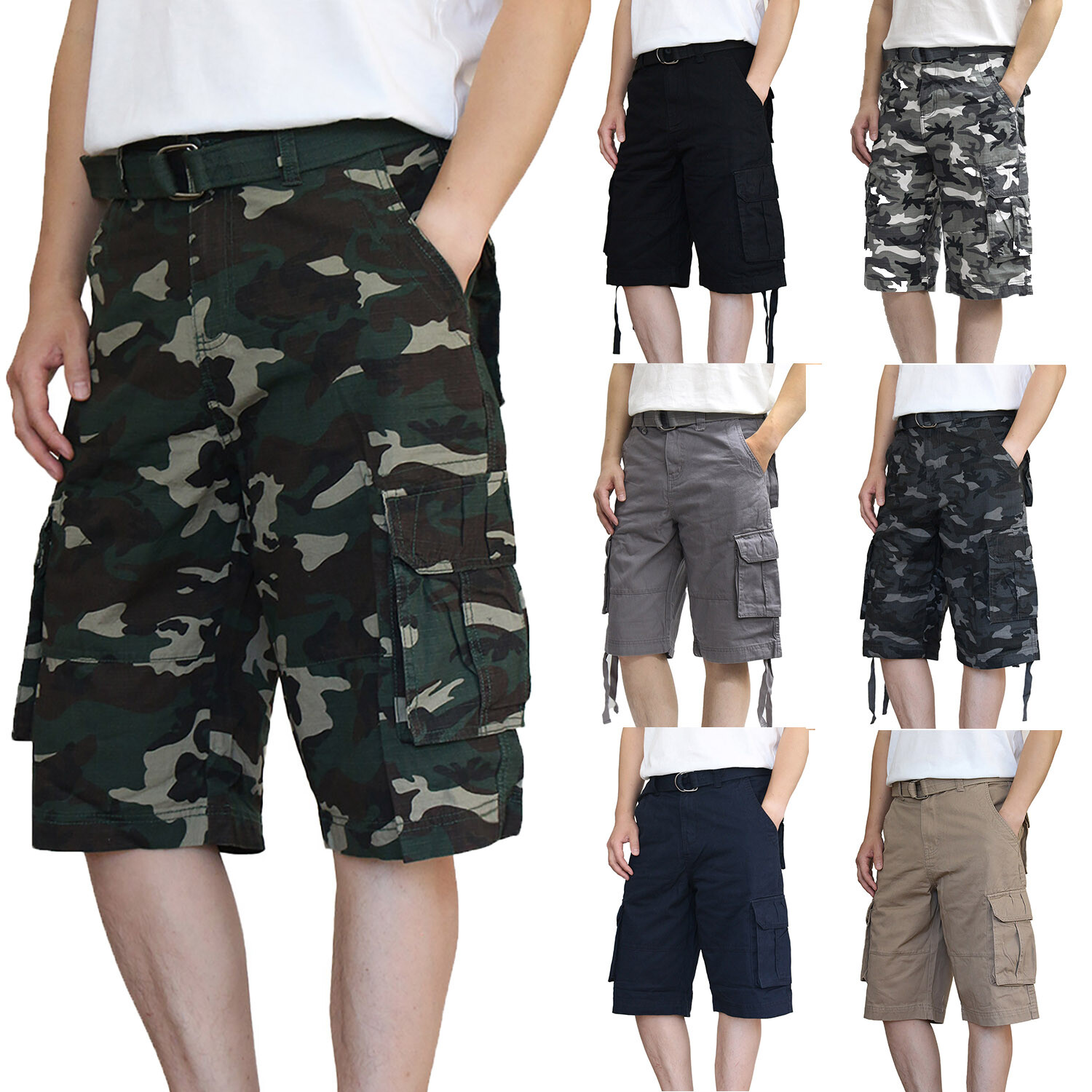 LA GATE Men’s Twill Camo Cargo Shorts with Belted Size 28 to 50