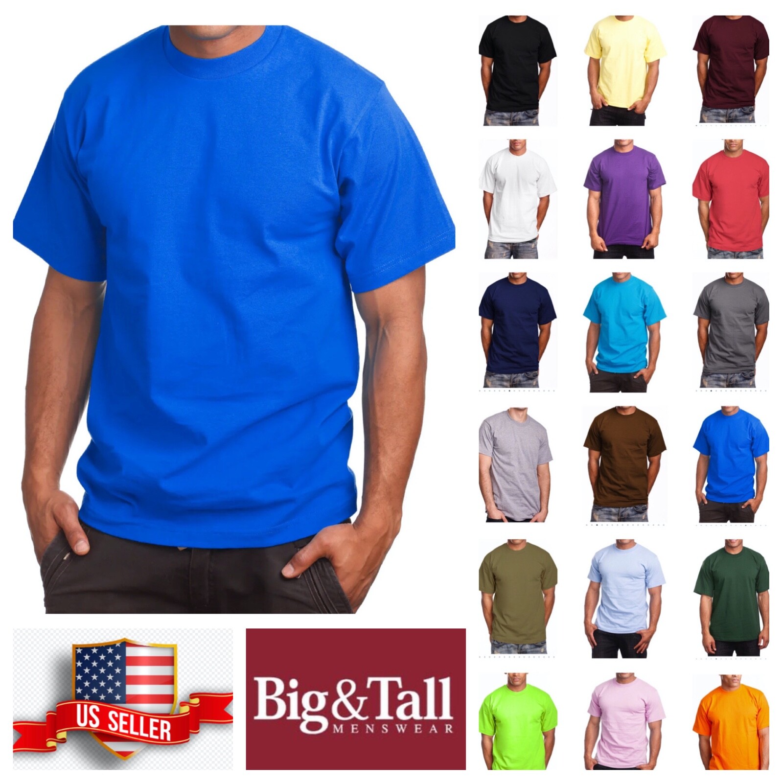 Mens T- Shirt HEAVY WEIGHT Plain Crew Neck Cotton S-7X & LT-5XLT Big and Tall
