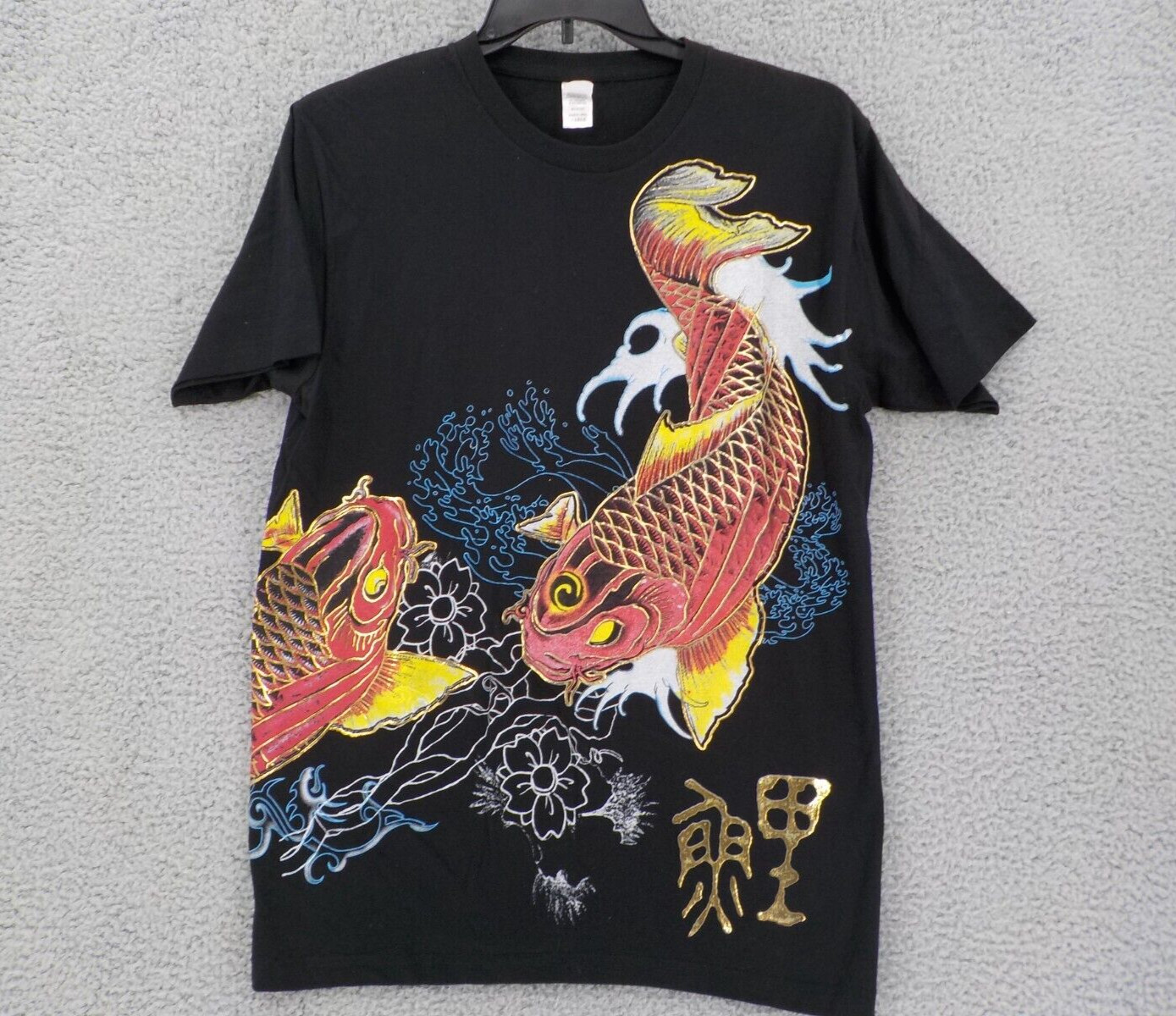 Top Creations Coi Fish T-Shirt Mens SZ L Black Graphic T Coral Hibiscus NWOT