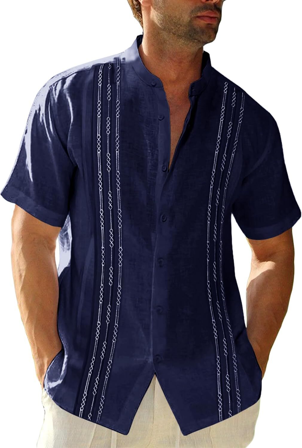Mens Guayabera Shirt Linen Cotton Embroidered Short Sleeve Cuban Wedding Beach