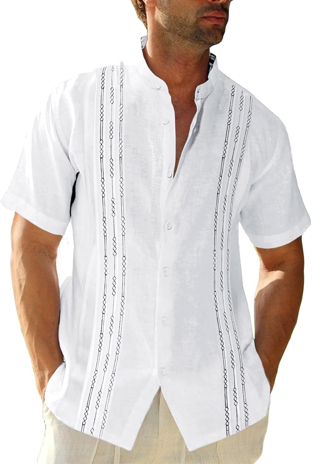 Mens Guayabera Shirt Linen Cotton Embroidered Short Sleeve Cuban Wedding Beach