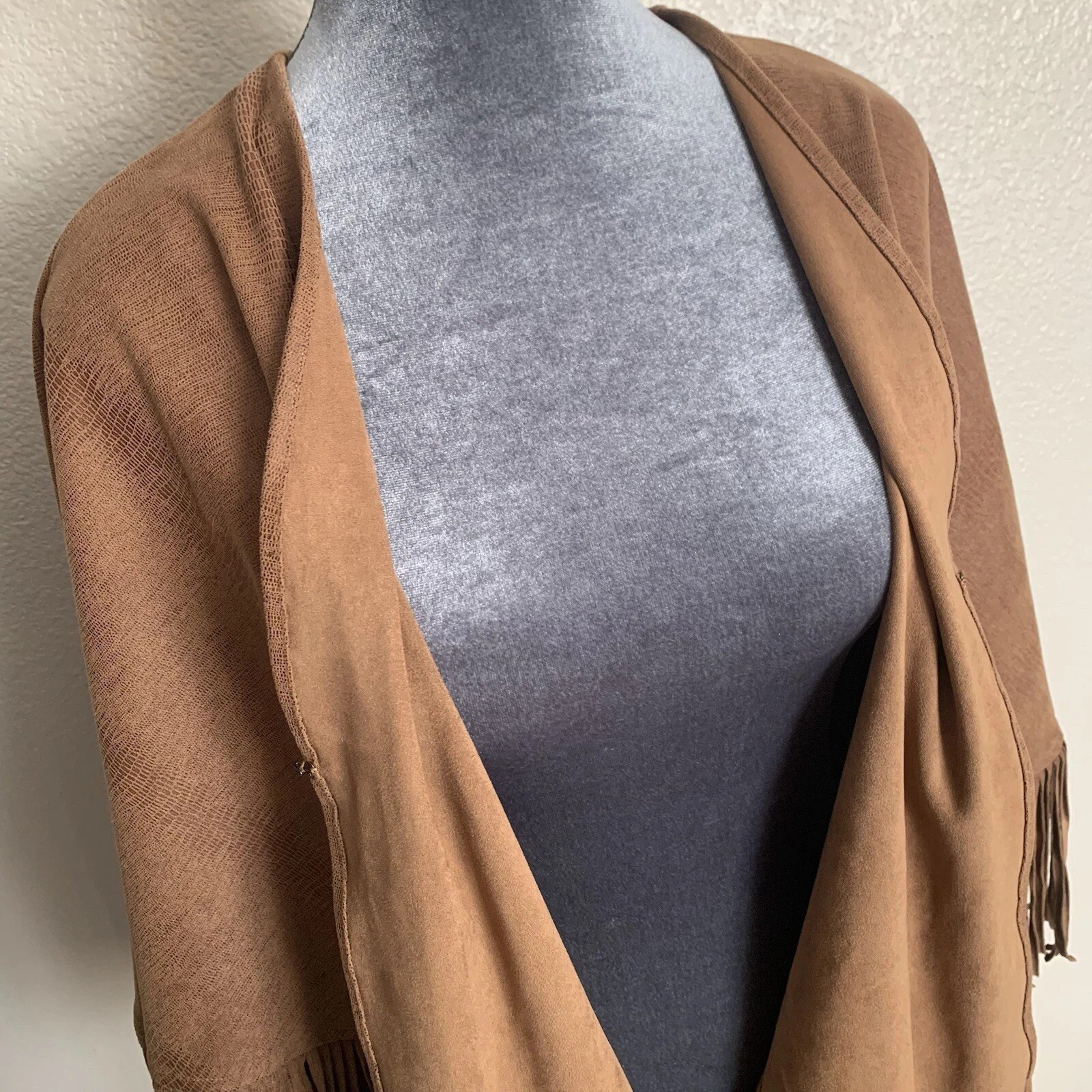 Chico’s Brown Fringe Poncho Shawl One Size Western Boho Faux Suede Wrap