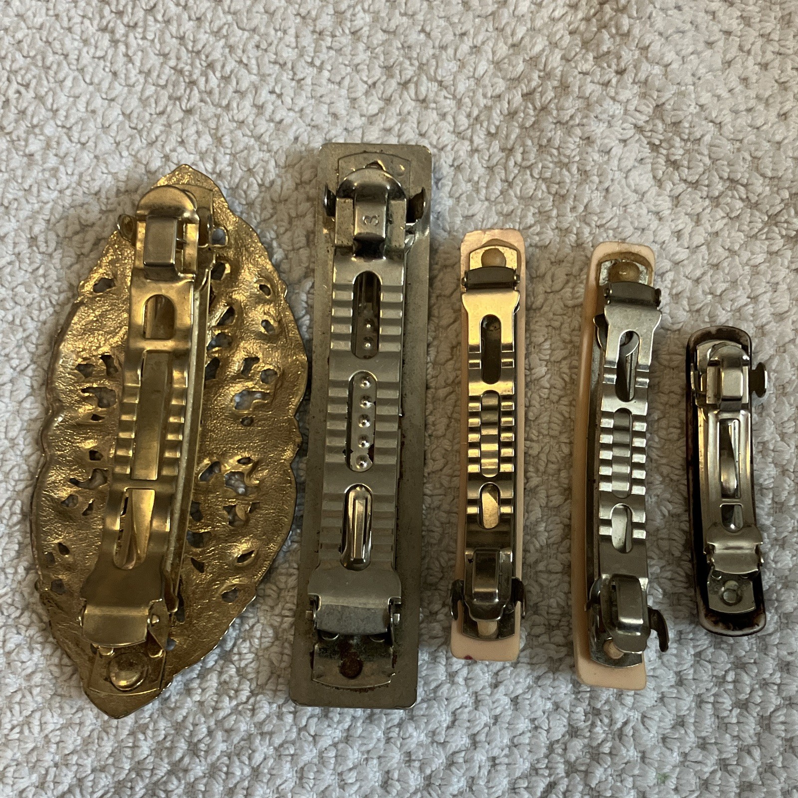Vintage Mixed Metal & Plastic Hair Barrettes Lot of 5 Gold Silver Beige Brown