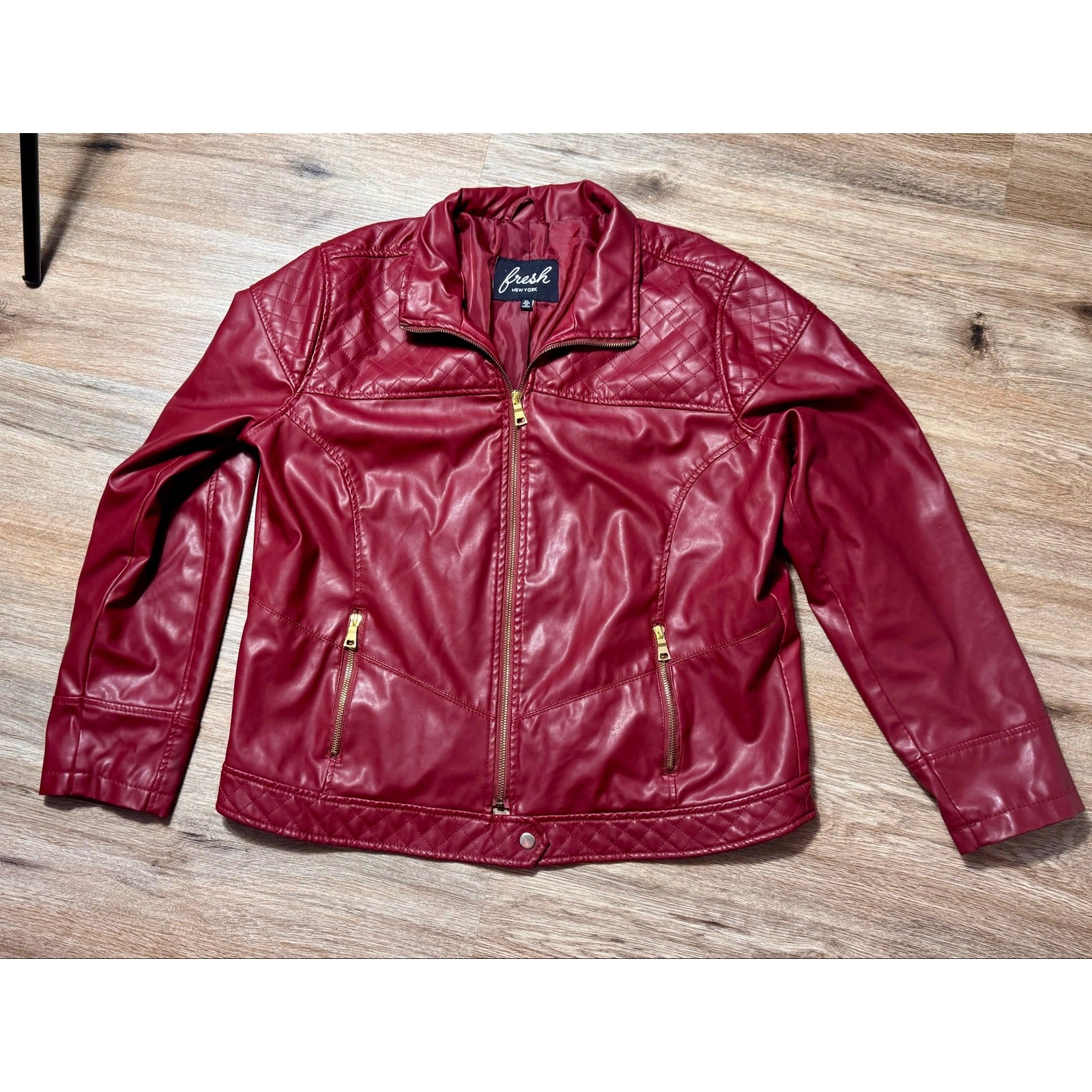 Fresh New York Red Faux Leather Moto Jacket Womens XL Quilted Biker Gold Zip