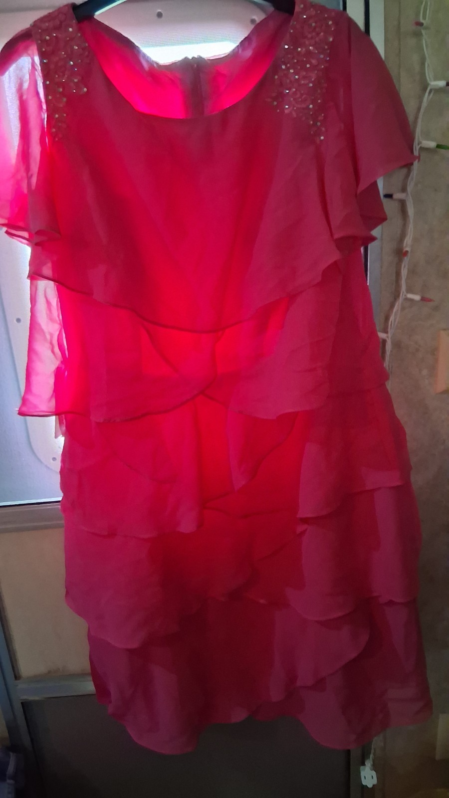 Pink Chiffon A-Line Fit & Flare Dress Beaded Ruffle Round Neck Zip L