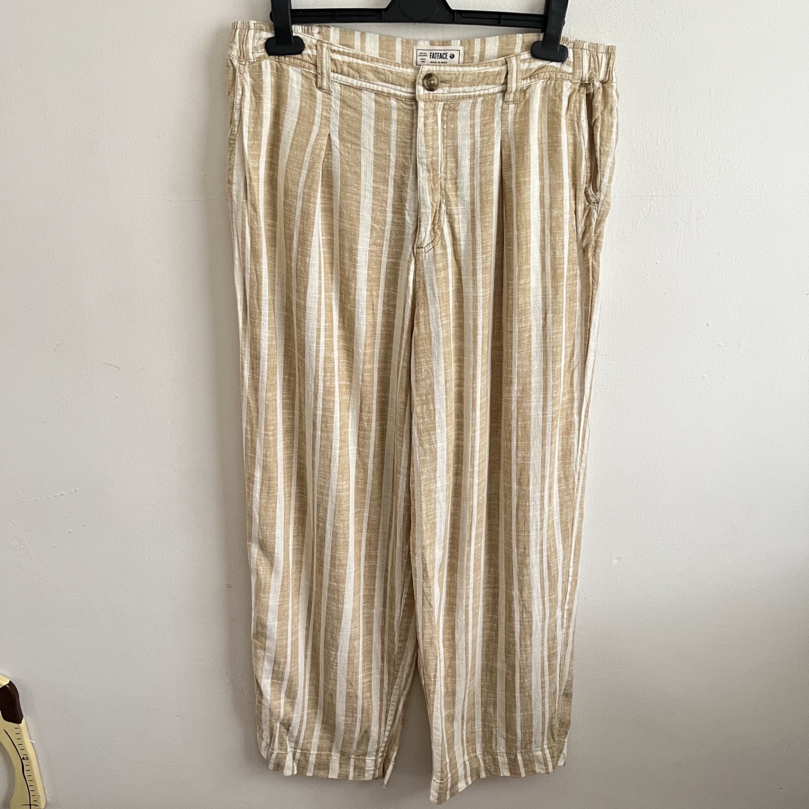 Fat Face Natural Tan Stripe Soft Linen Blend Wide Leg Trousers – Size UK 14 S