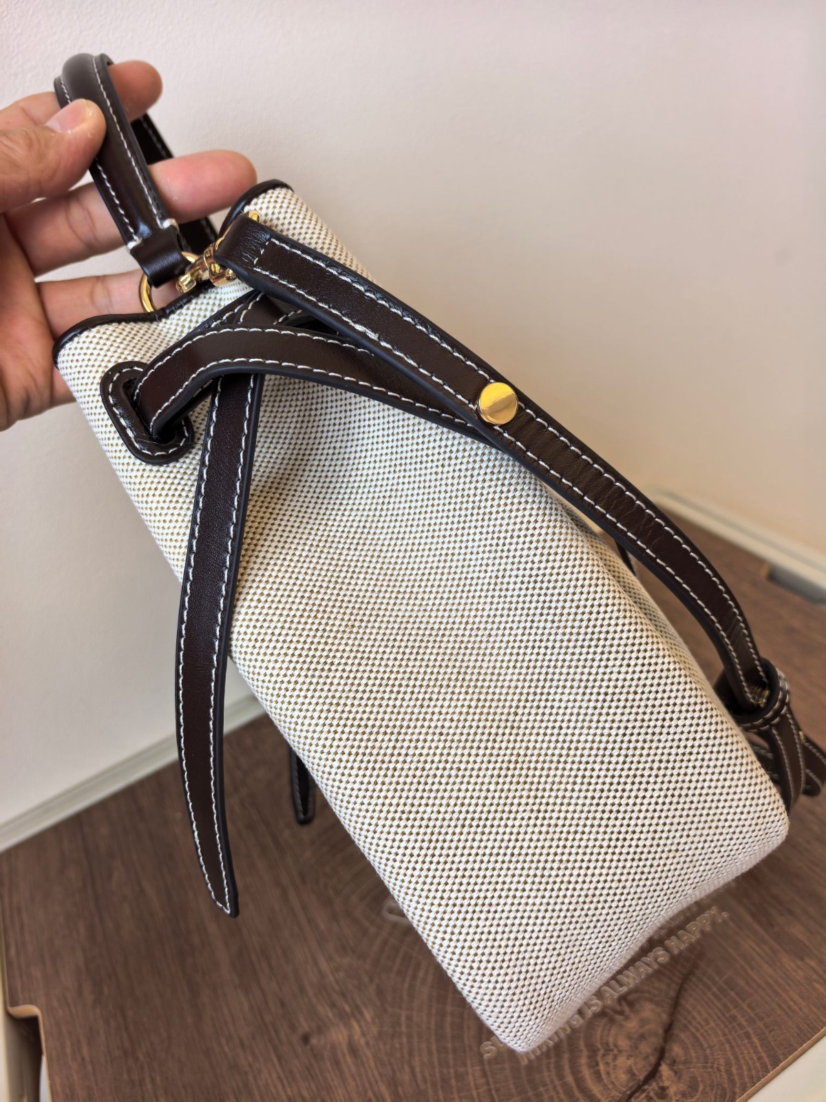 Tory Burch ROMY CANVAS BUCKET BAG DUSTY ALMOND /BIANCO WHITE