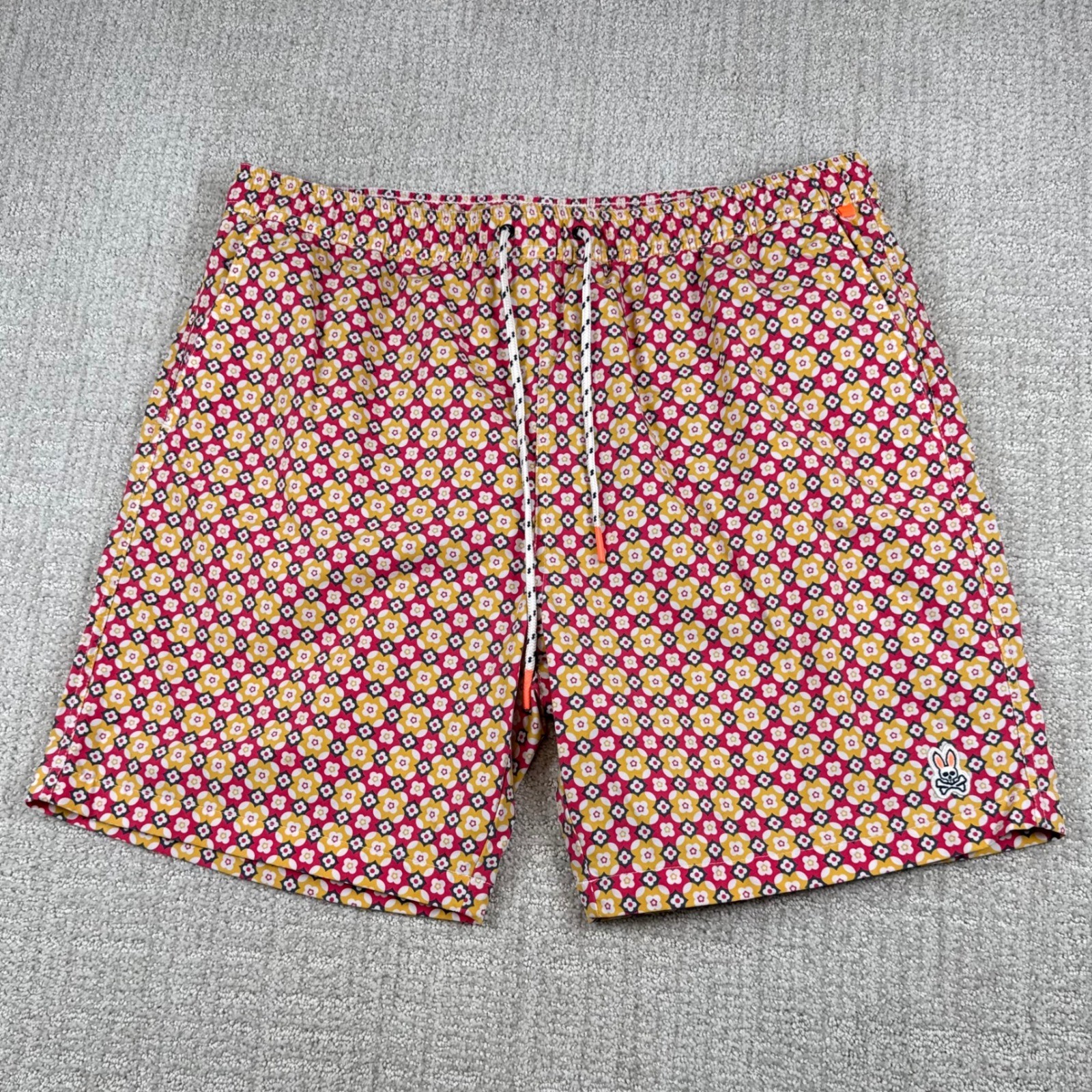 Psycho Bunny Mens 2XL Pink Floral Geometric 7″ Mesh Lined Swim Trunks Shorts