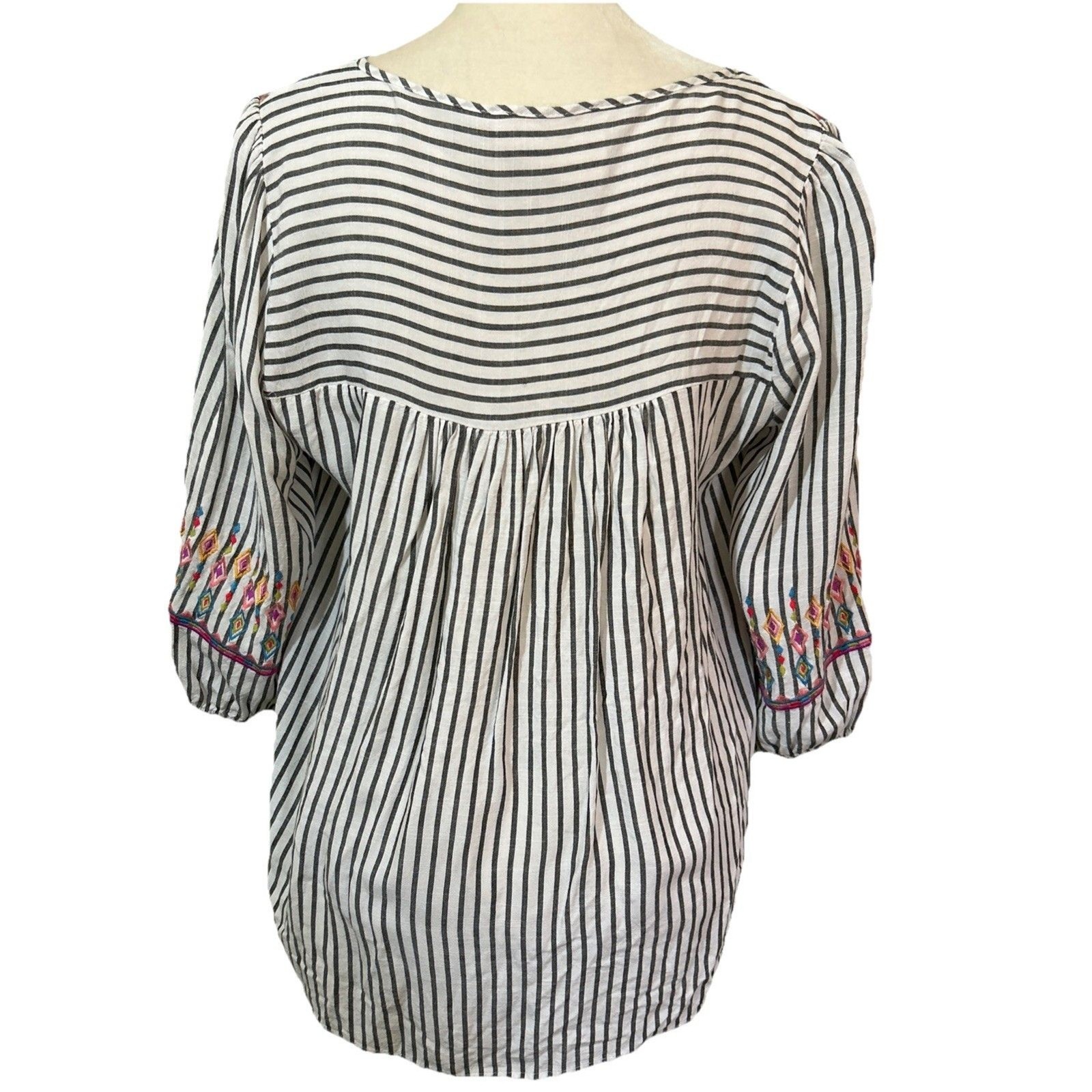 Savanna Jane Blouse Womens Small Embroidered Flowers Striped Boho Top Flaw
