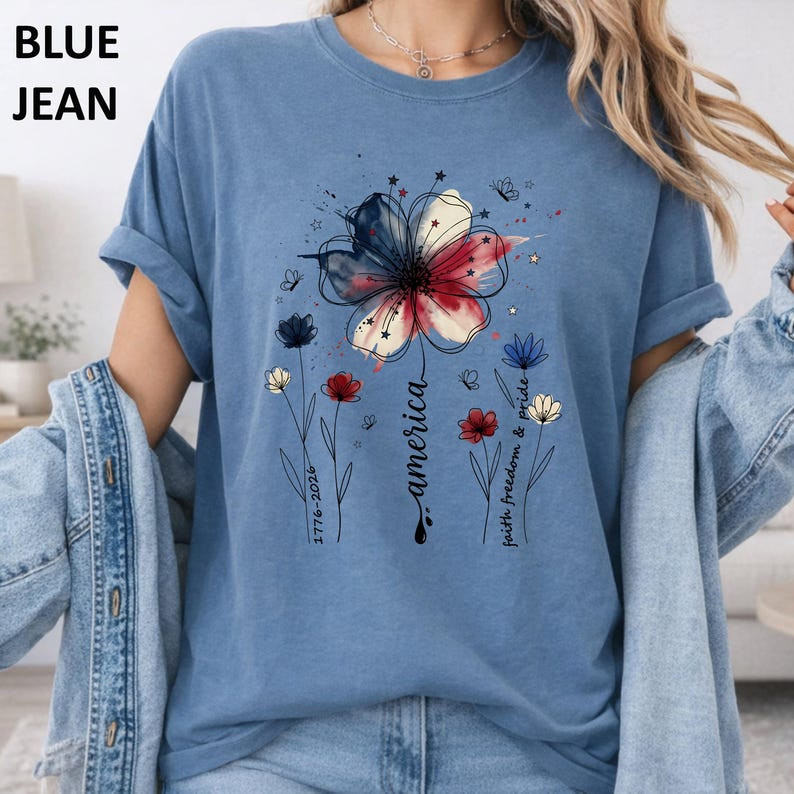 Comfort Colors American Floral Shirt Patriotic Wildflower USA 250th Tee