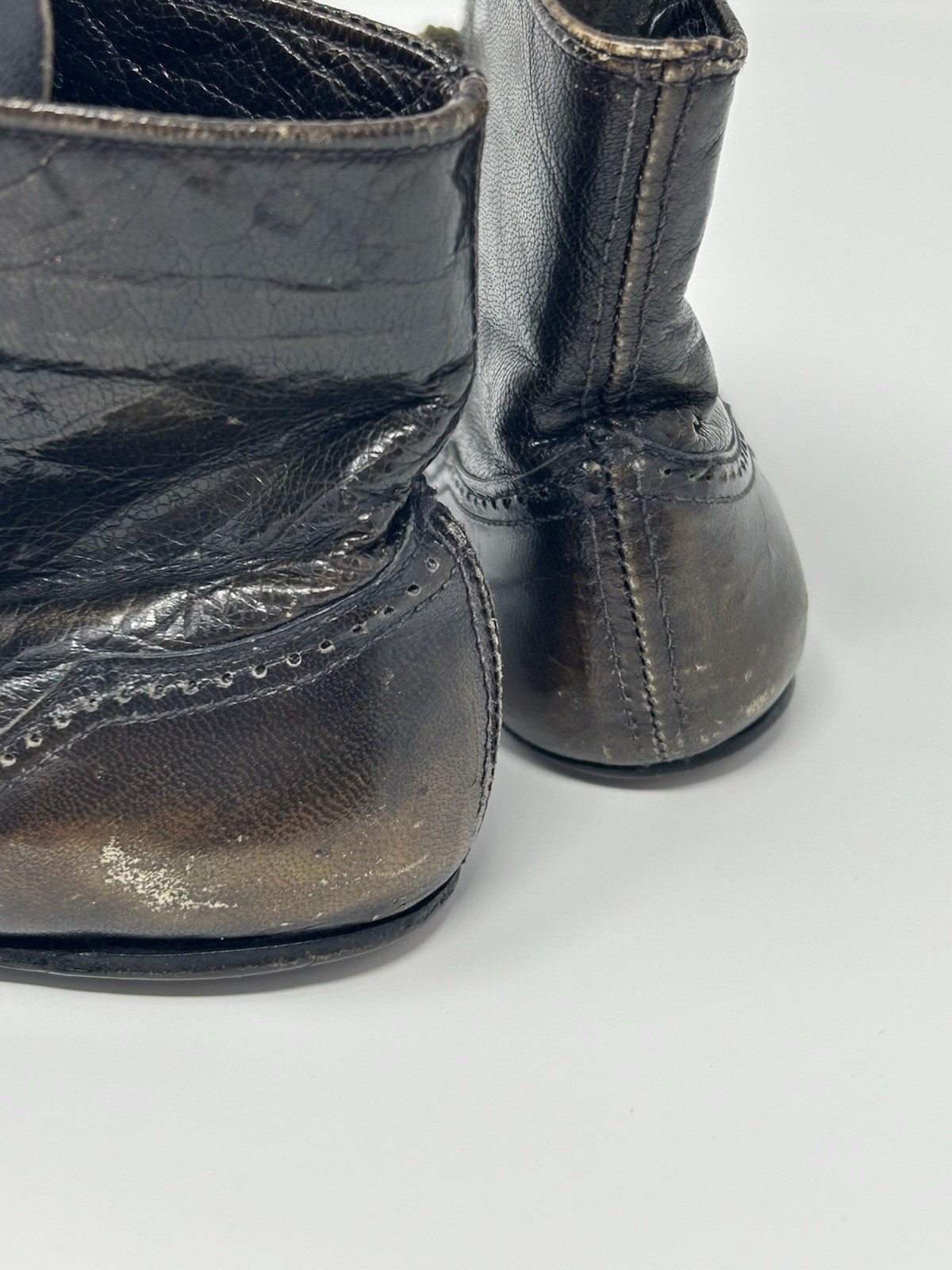 Antique Child’s Black Leather Lace-Up Boots, Brogue Cap Toe, c.1900, 4.8”