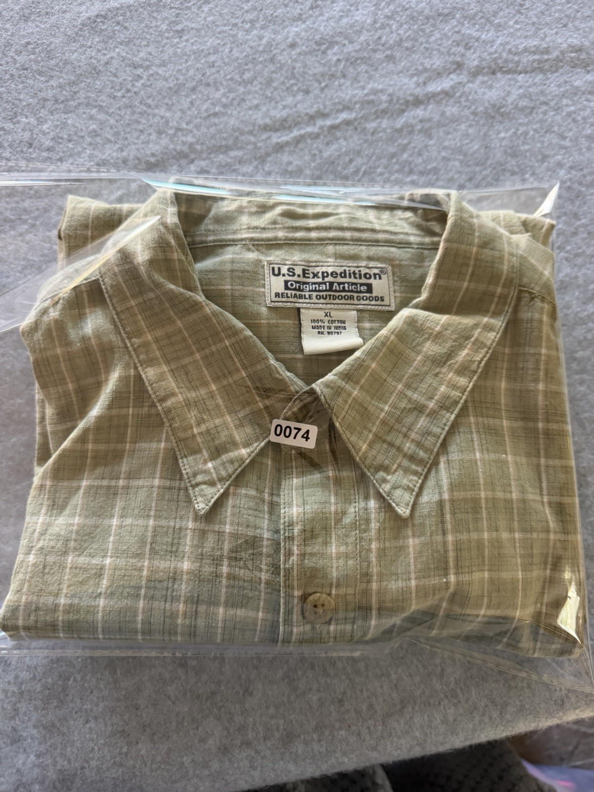US Expedition Men’s Shirt Green, Beige, White Plaid, Button-Up, Size XL EUC