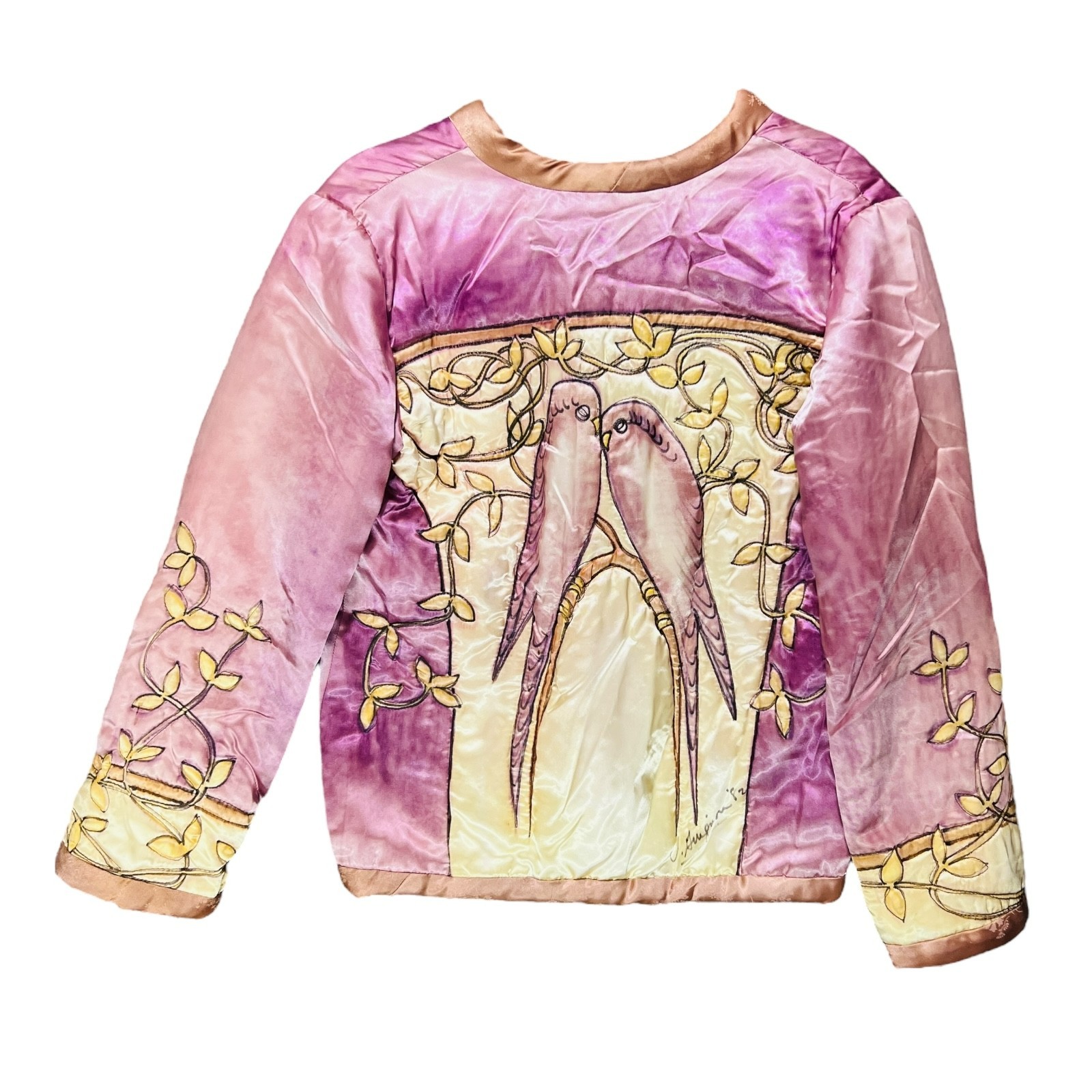 VTG Valery Guignon Hand Painted Silk Quilt Jacket Sz M Wearable Art Birds Signed