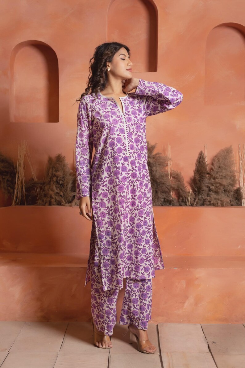 Purple Floral Cotton Co-ord Set, Hand Block Printed Kurta & Pants, Long Sleeve