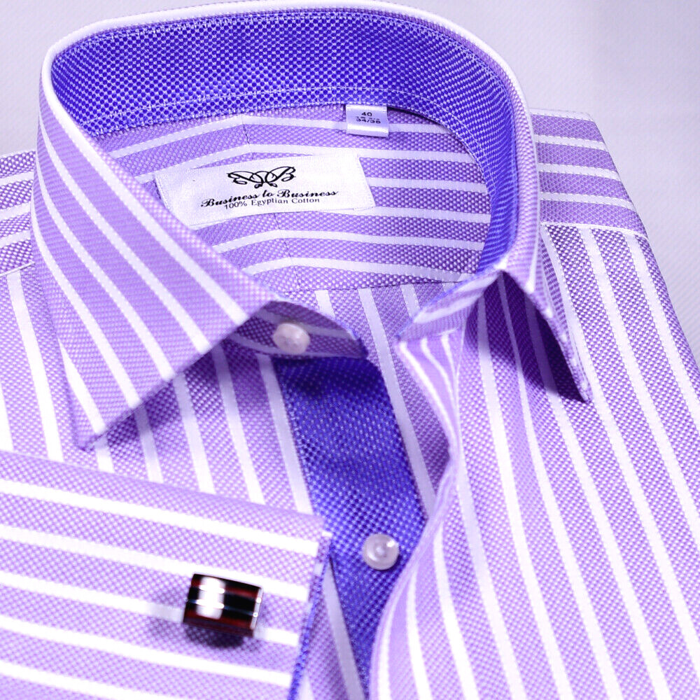 Purple White Stripes Elegant Double Ply Wevon Business Shirts With Inner Lining