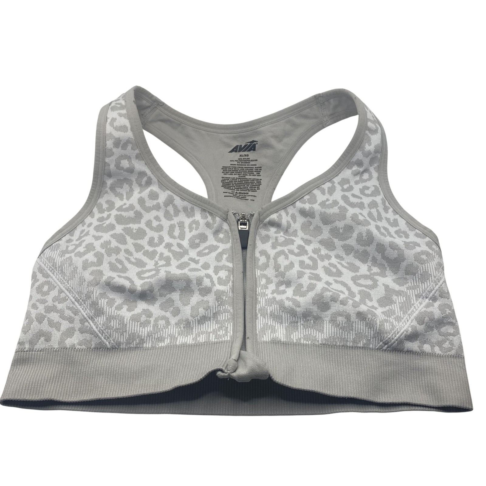 Avia Sports Bra Womens XL Gray Leopard Front Zip Racerback Seamless AV18191