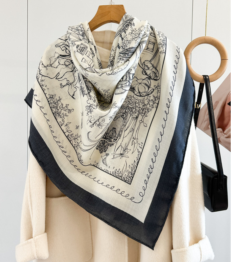 70% Cashmere 30% Silk Paris Street Print Shawl 135X135cm Scarf Wrap Double Face