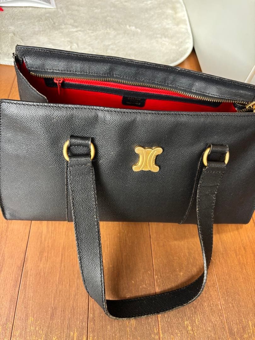 Celine Black Leather Handbag Vintage Gold Hardware Red Lining Auth