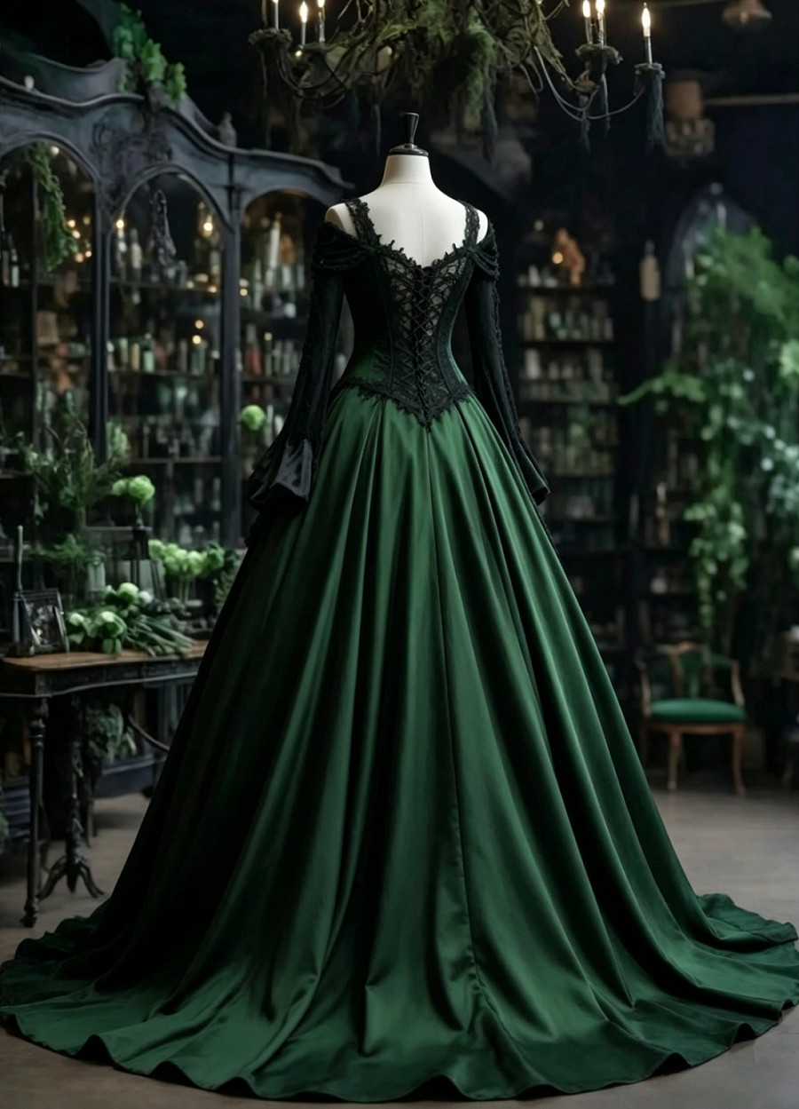 Emerald Green Gothic Corset Lace Satin Ball Gown Wedding Dresses With Train