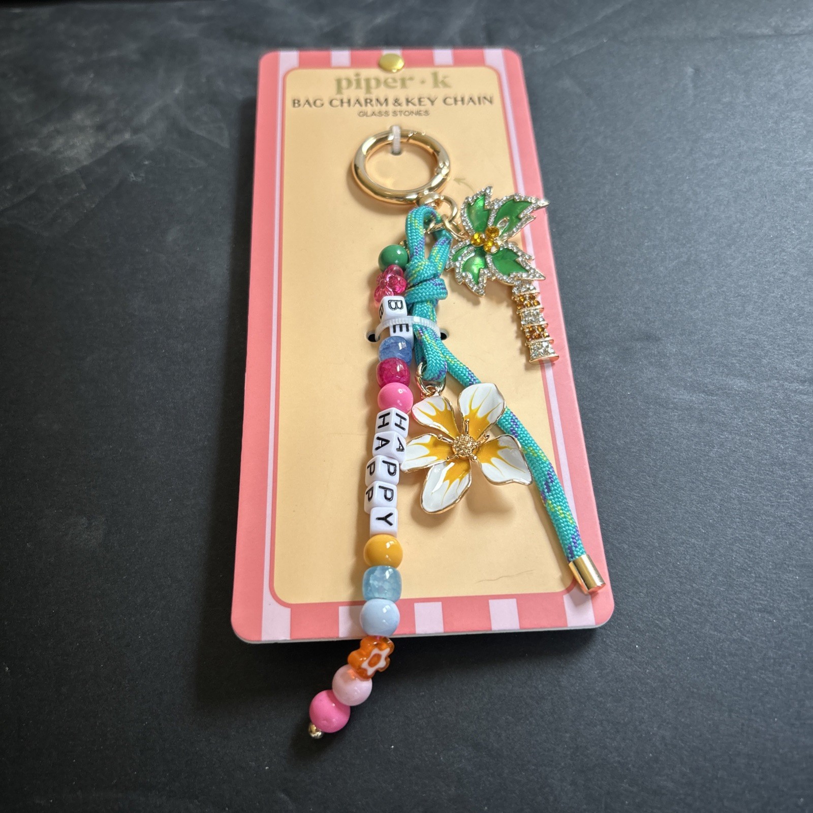 Piper K Tropical Palm Tree Be Happy Bag Charm Keychain