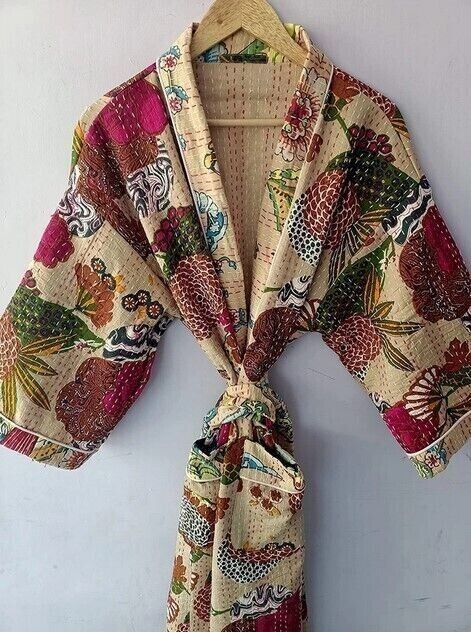 Indian Kantha Kimono Handmade Long Nightwear Gown Winter Jacket Cardigan Dress