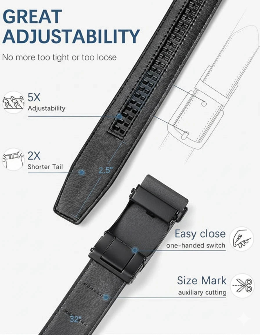 Genuine Leather Men’s Ratchet Belt Belts For Men Adjustable Automatic Buckle