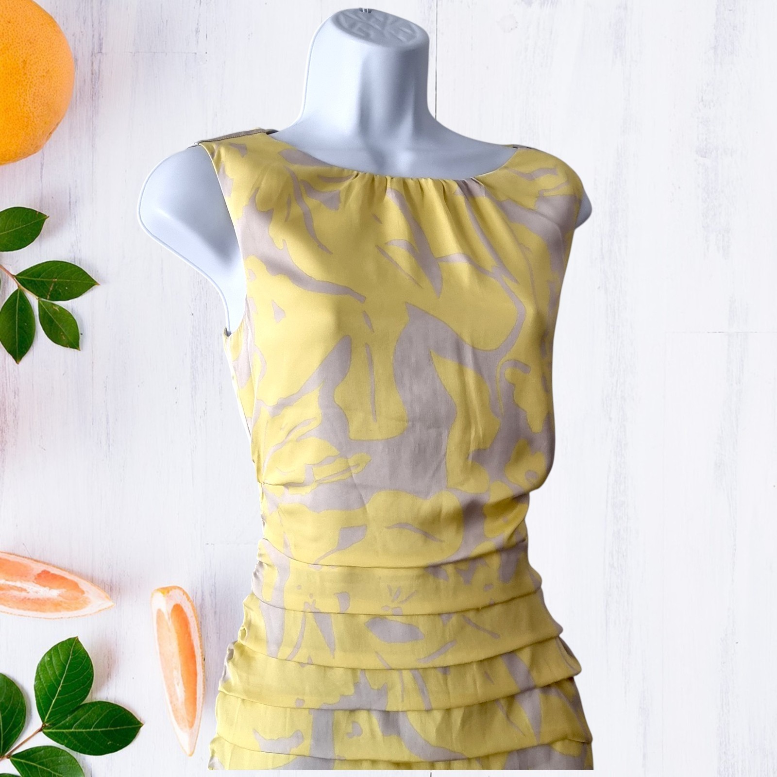 COAST Silk Yellow Grey Layered Ruffle Pencil Dress UK 8 Wedding Ascot Race Party
