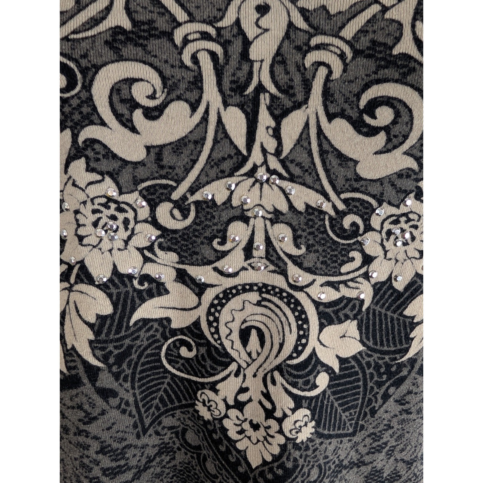 Vanilla Sugar Embellished Graphic Tee Medium Gray Black Floral Scroll Rhinestone