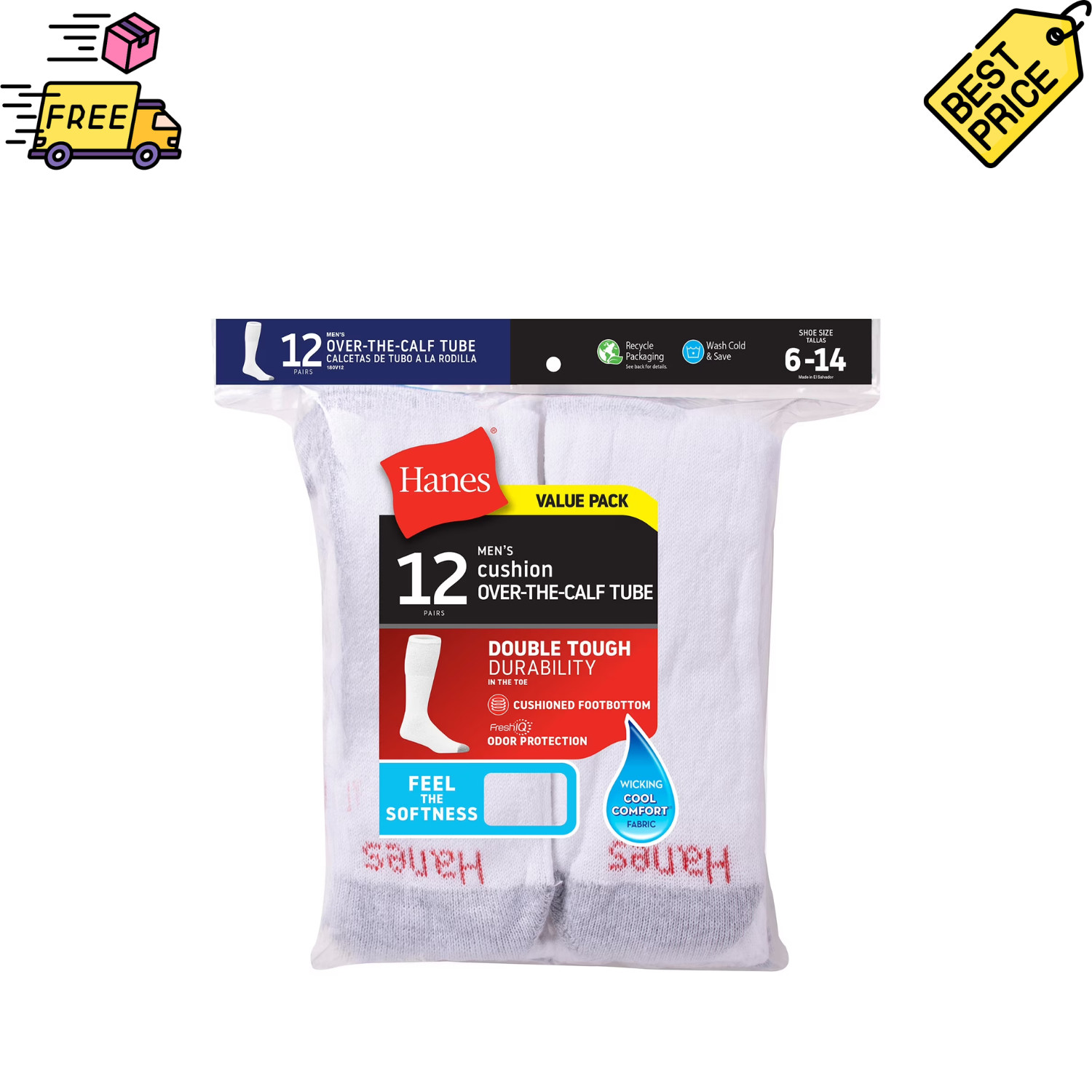 Hanes Double Tough Tube Socks for Men 12 Pack Over Calf, 6-12 Reg Size
