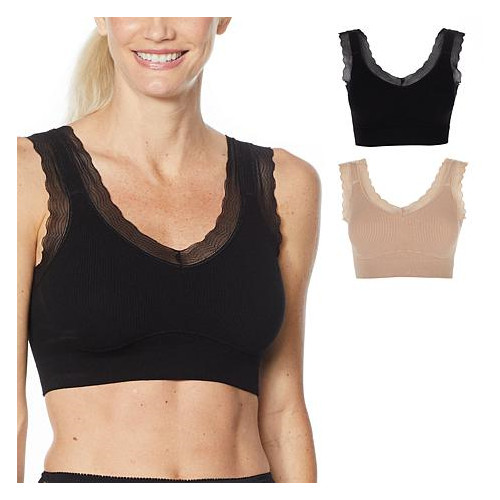 Rhonda Shear 2pk”Forever Stretch”Ahh Ribbed Knit Bra w/Lace Trim 764-481,Size XL